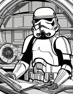 Wes Anderson-inspired Star Wars-themed coloring page featuring a Stormtrooper.