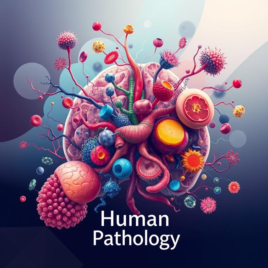 A visually striking image representing the concept of human pathology, featuring an abstract illustration that combines elements of anatomy and cellular structures, with vibrant and artistic representations of cells, tissues, and organs intertwining in a dynamic composition