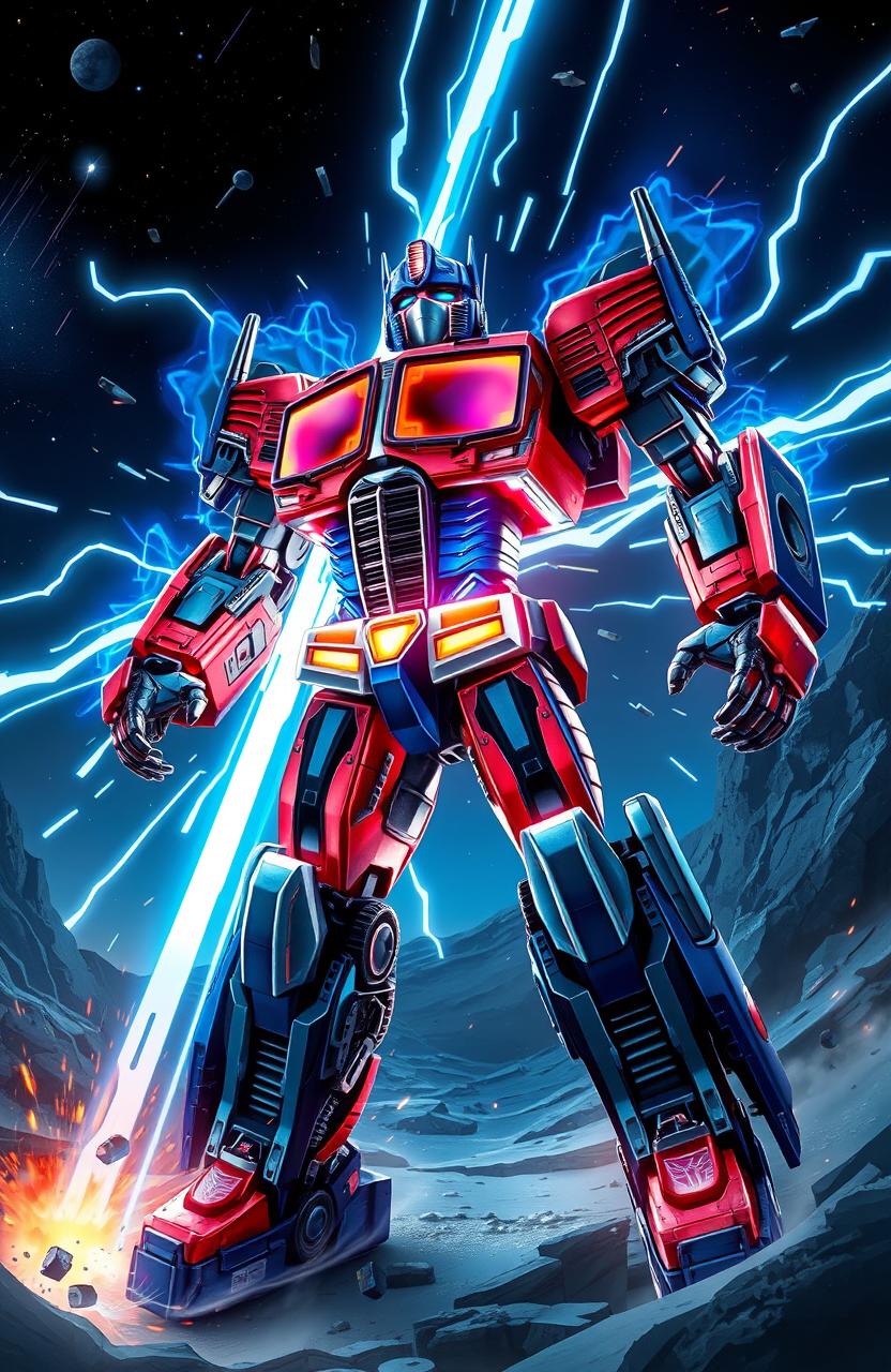 A dynamic scene depicting the transformation of Orion Pax into Optimus Prime, showcasing the moment of awakening with vibrant energy swirling around