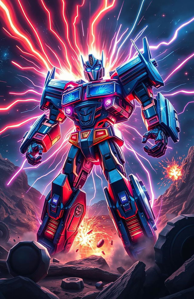 A dynamic scene depicting the transformation of Orion Pax into Optimus Prime, showcasing the moment of awakening with vibrant energy swirling around