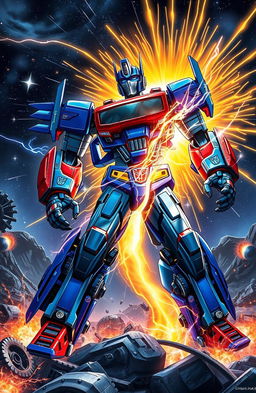 A dynamic scene depicting the transformation of Orion Pax into Optimus Prime, showcasing the moment of awakening with vibrant energy swirling around