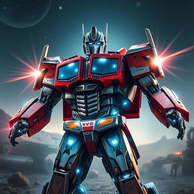 An epic depiction of the transformation of Orion Pax into Optimus Prime, showcasing the moment filled with dynamic energy and emotion