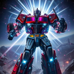 An epic depiction of the transformation of Orion Pax into Optimus Prime, showcasing the moment filled with dynamic energy and emotion