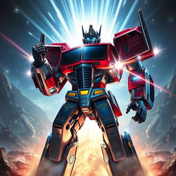 An epic depiction of the transformation of Orion Pax into Optimus Prime, showcasing the moment filled with dynamic energy and emotion