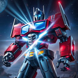 An epic depiction of the transformation of Orion Pax into Optimus Prime, showcasing the moment filled with dynamic energy and emotion