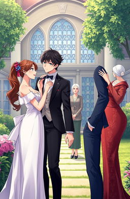 A handsome anime gentleman in his mid 20s stands in the luxurious compound of a British villa, exuding charm and charisma