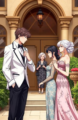 A handsome anime gentleman in his mid 20s stands in the luxurious compound of a British villa, exuding charm and charisma