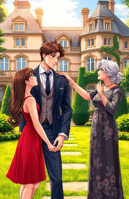 A handsome gentleman in his mid 20s, depicted in a vibrant anime style, stands in the lush compound of a luxurious British villa