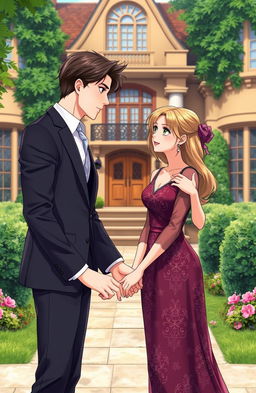 A handsome gentleman in his mid 20s, depicted in a vibrant anime style, stands in the lush compound of a luxurious British villa