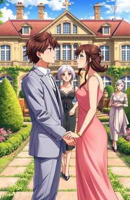 A handsome gentleman in his mid 20s, depicted in a vibrant anime style, stands in the lush compound of a luxurious British villa