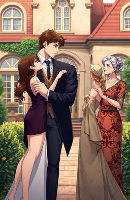 A handsome gentleman anime man in his mid 20s stands in the compound of an opulent British villa, holding a young beautiful anime lady in her teens by the hands, gazing at her passionately