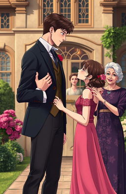 A handsome gentleman anime man in his mid 20s stands in the compound of an opulent British villa, holding a young beautiful anime lady in her teens by the hands, gazing at her passionately