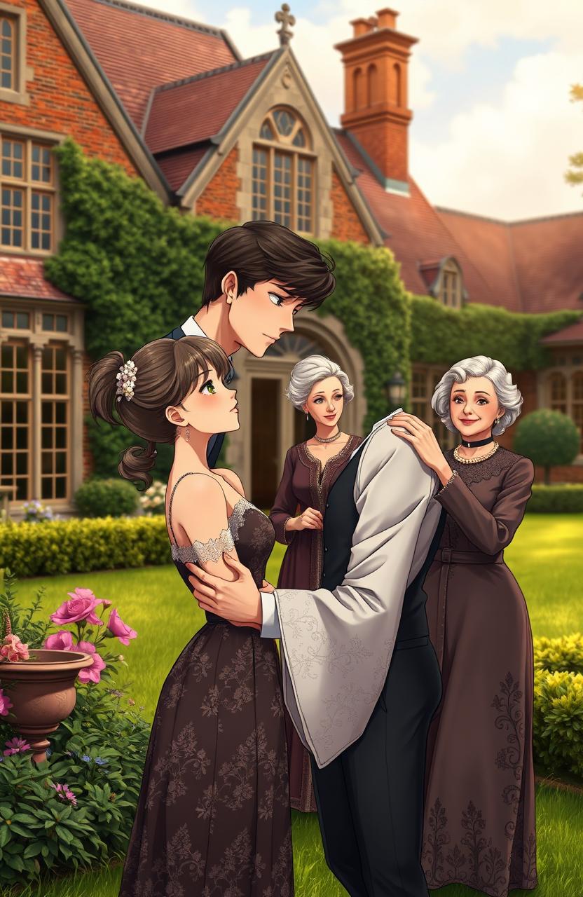 A handsome gentleman anime man in his mid 20s stands in the compound of an opulent British villa, holding a young beautiful anime lady in her teens by the hands, gazing at her passionately