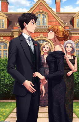 A handsome gentleman anime man in his mid 20s stands in the compound of an opulent British villa, holding a young beautiful anime lady in her teens by the hands, gazing at her passionately