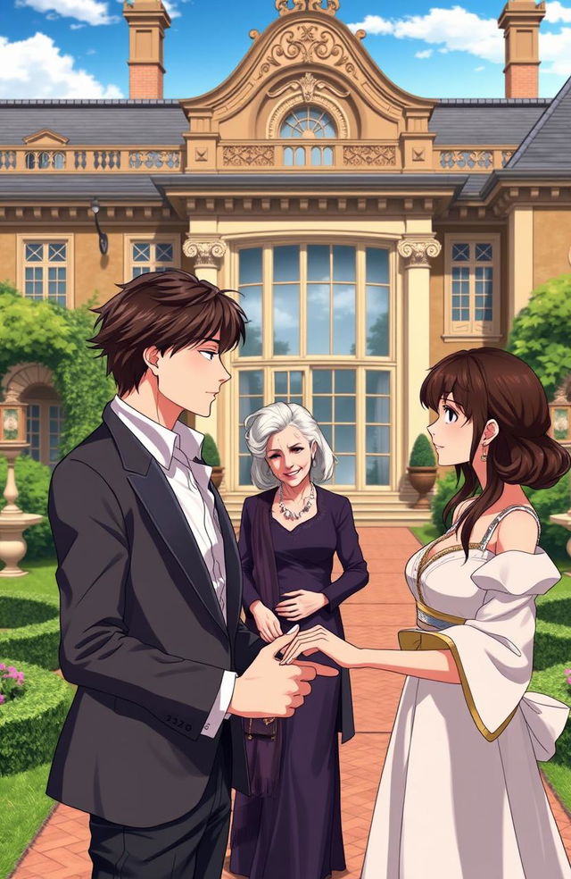 A handsome anime gentleman in his mid 20s with stylish attire, standing in the stunning compound of a luxurious British villa