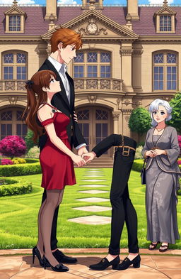 A handsome anime gentleman in his mid 20s with stylish attire, standing in the stunning compound of a luxurious British villa