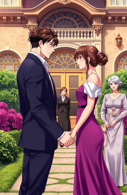 A handsome anime gentleman in his mid 20s with stylish attire, standing in the stunning compound of a luxurious British villa