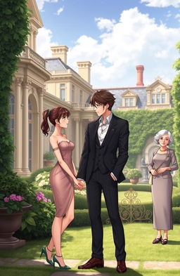 A handsome anime gentleman in his mid 20s with stylish attire, standing in the stunning compound of a luxurious British villa
