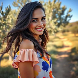 A beautiful 35-year-old Spanish woman with long dark hair cascading in waves, deep brown eyes that sparkle with warmth, and a radiant smile showcasing perfect teeth
