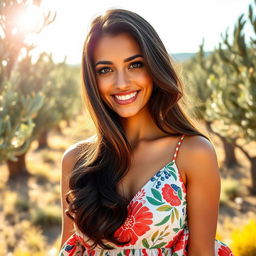 A beautiful 35-year-old Spanish woman with long dark hair cascading in waves, deep brown eyes that sparkle with warmth, and a radiant smile showcasing perfect teeth