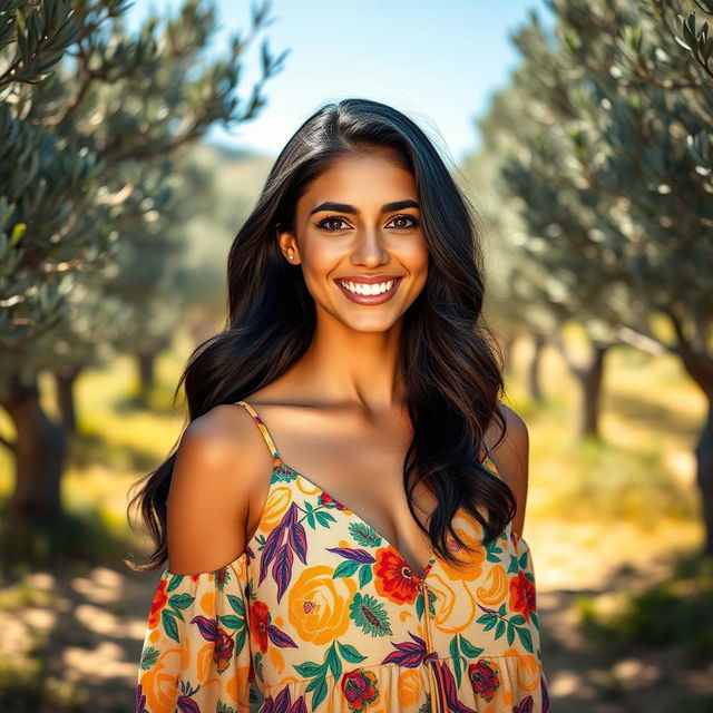 A beautiful 35-year-old Spanish woman with long dark hair cascading in waves, deep brown eyes that sparkle with warmth, and a radiant smile showcasing perfect teeth