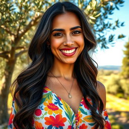 A beautiful 35-year-old Spanish woman with long dark hair cascading in waves, deep brown eyes that sparkle with warmth, and a radiant smile showcasing perfect teeth