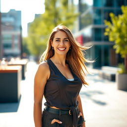 A confident and attractive woman over 30, with long flowing hair and a radiant smile, wearing a stylish outfit that accentuates her figure