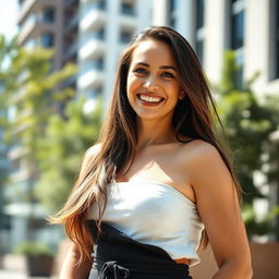A confident and attractive woman over 30, with long flowing hair and a radiant smile, wearing a stylish outfit that accentuates her figure