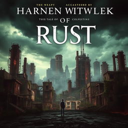A hauntingly beautiful book cover depicting a desolate city of rust, with towering, dilapidated buildings covered in corroded metal and overgrown vines
