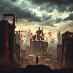 A hauntingly beautiful book cover depicting a desolate city of rust, with towering, dilapidated buildings covered in corroded metal and overgrown vines