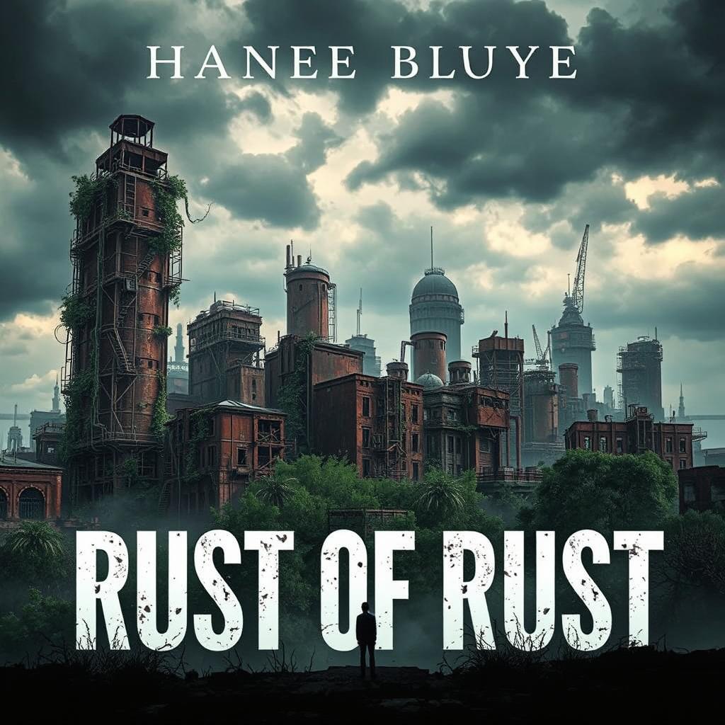 A hauntingly beautiful book cover depicting a desolate city of rust, with towering, dilapidated buildings covered in corroded metal and overgrown vines