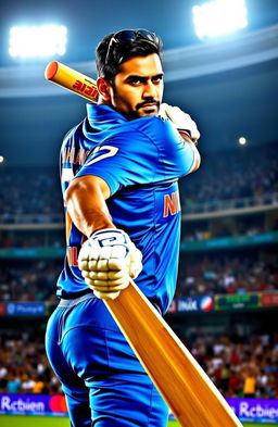 A dynamic portrait of a famous Indian cricketer, MS Dhoni, in an action-packed cricketing pose