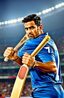 A dynamic portrait of a famous Indian cricketer, MS Dhoni, in an action-packed cricketing pose