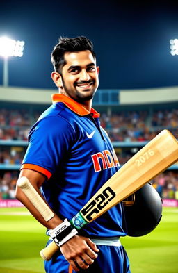 A portrait of MS Dhoni, the famous Indian cricketer, showcasing him in his cricketing gear