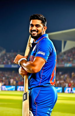 A portrait of MS Dhoni, the famous Indian cricketer, showcasing him in his cricketing gear