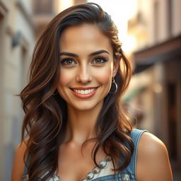 A portrait of a beautiful 35-year-old Spanish woman with olive skin, dark wavy hair cascading elegantly around her shoulders, and expressive brown eyes that convey warmth and charm