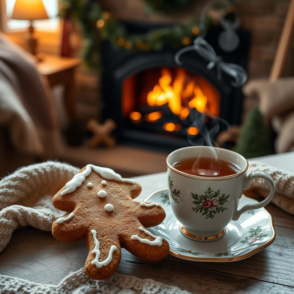 A beautifully arranged scene featuring a gingerbread cookie in a cozy atmosphere