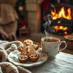 A beautifully arranged scene featuring a gingerbread cookie in a cozy atmosphere