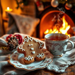 A beautifully arranged scene featuring a gingerbread cookie in a cozy atmosphere