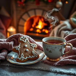 A beautifully arranged scene featuring a gingerbread cookie in a cozy atmosphere