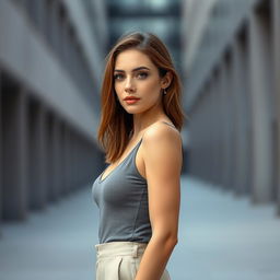 a 35-year-old Caucasian woman standing confidently, beautiful and poised, with an aura of elegance, soft lighting accentuating her natural features, a serene expression on her face, positioned in a minimalist urban setting, showcasing her strong presence and graceful silhouette
