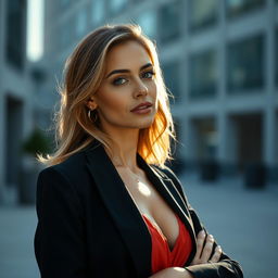a 35-year-old Caucasian woman standing confidently, beautiful and poised, with an aura of elegance, soft lighting accentuating her natural features, a serene expression on her face, positioned in a minimalist urban setting, showcasing her strong presence and graceful silhouette
