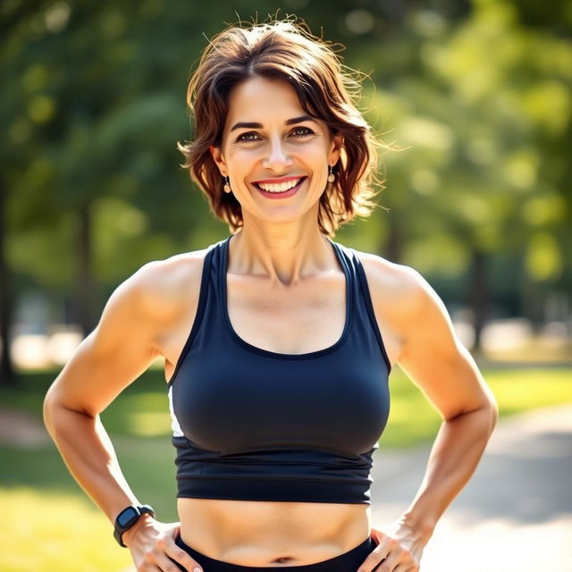 A woman aged between 35 to 40 years with European features, dark hair, dressed in athletic sportswear, showing a confident and energetic posture