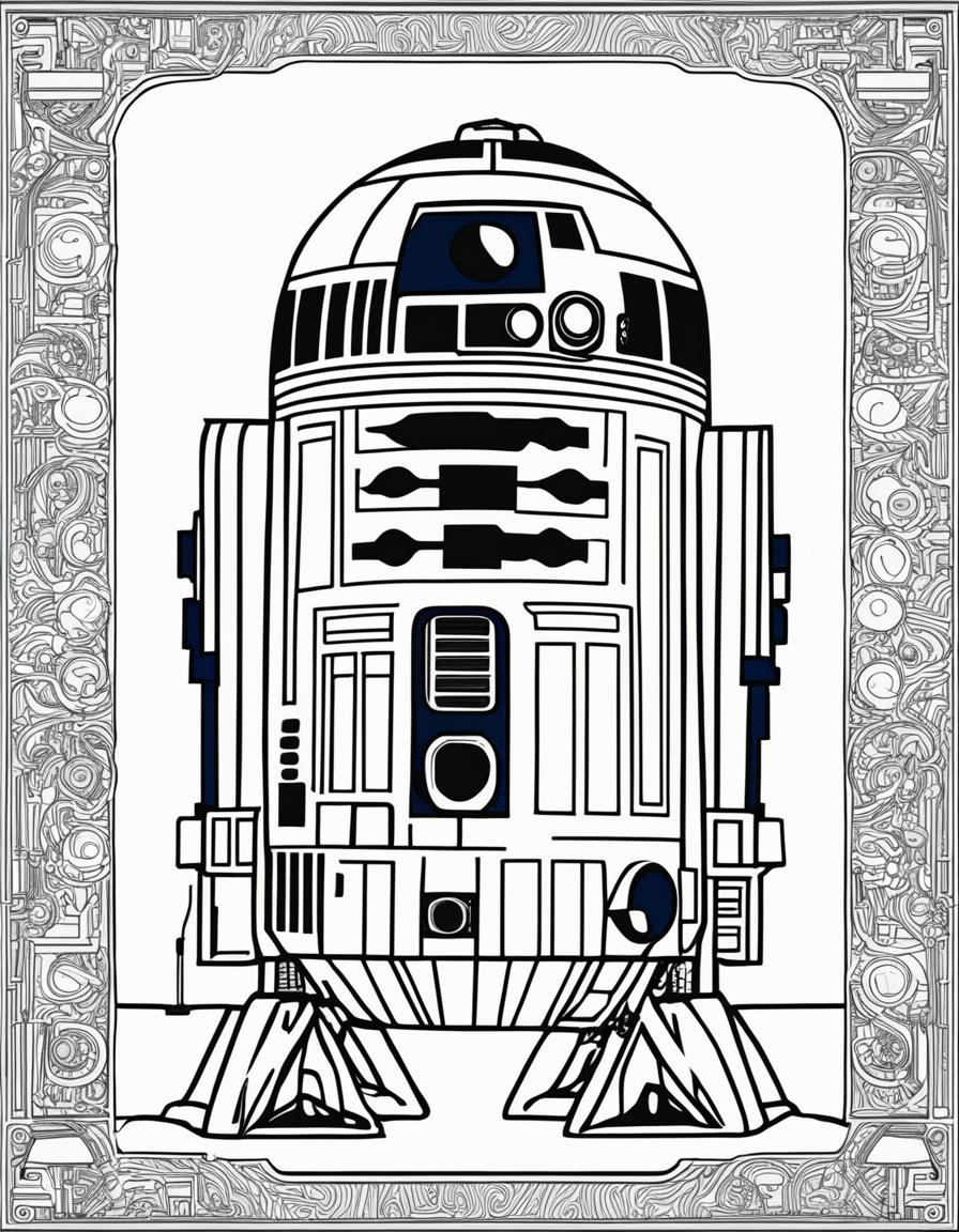 Wes Anderson-inspired Star Wars-themed coloring page featuring R2-D2.