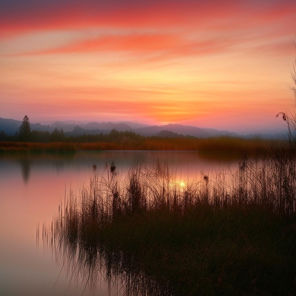 A serene, high-resolution wallpaper demonstrating the beauty of a sunrise over a tranquil lake