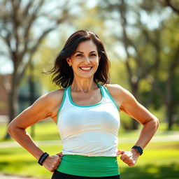 A woman aged between 35 to 40 years with European features, dark hair, dressed in athletic sportswear, showing a confident and energetic posture