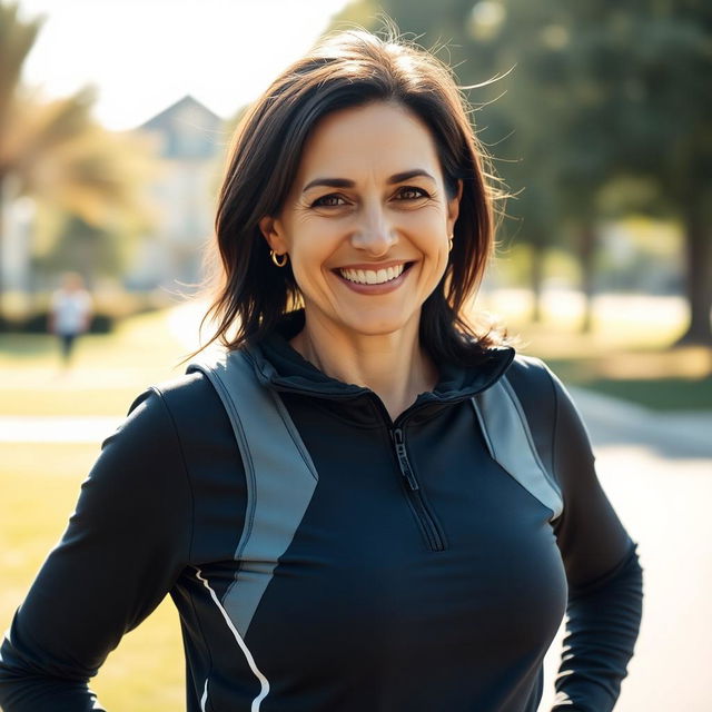 A woman aged between 35 to 40 years with European features, dark hair, dressed in athletic sportswear, showing a confident and energetic posture