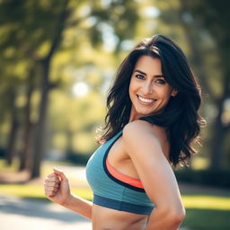 A woman aged between 35 to 40 years with European features, dark hair, dressed in athletic sportswear, showing a confident and energetic posture