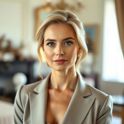 A portrait of a 35-year-old European woman with light hair and light skin