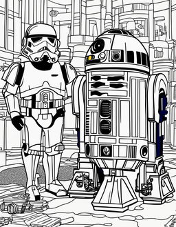 Wes Anderson-inspired Star Wars-themed coloring page featuring R2-D2.